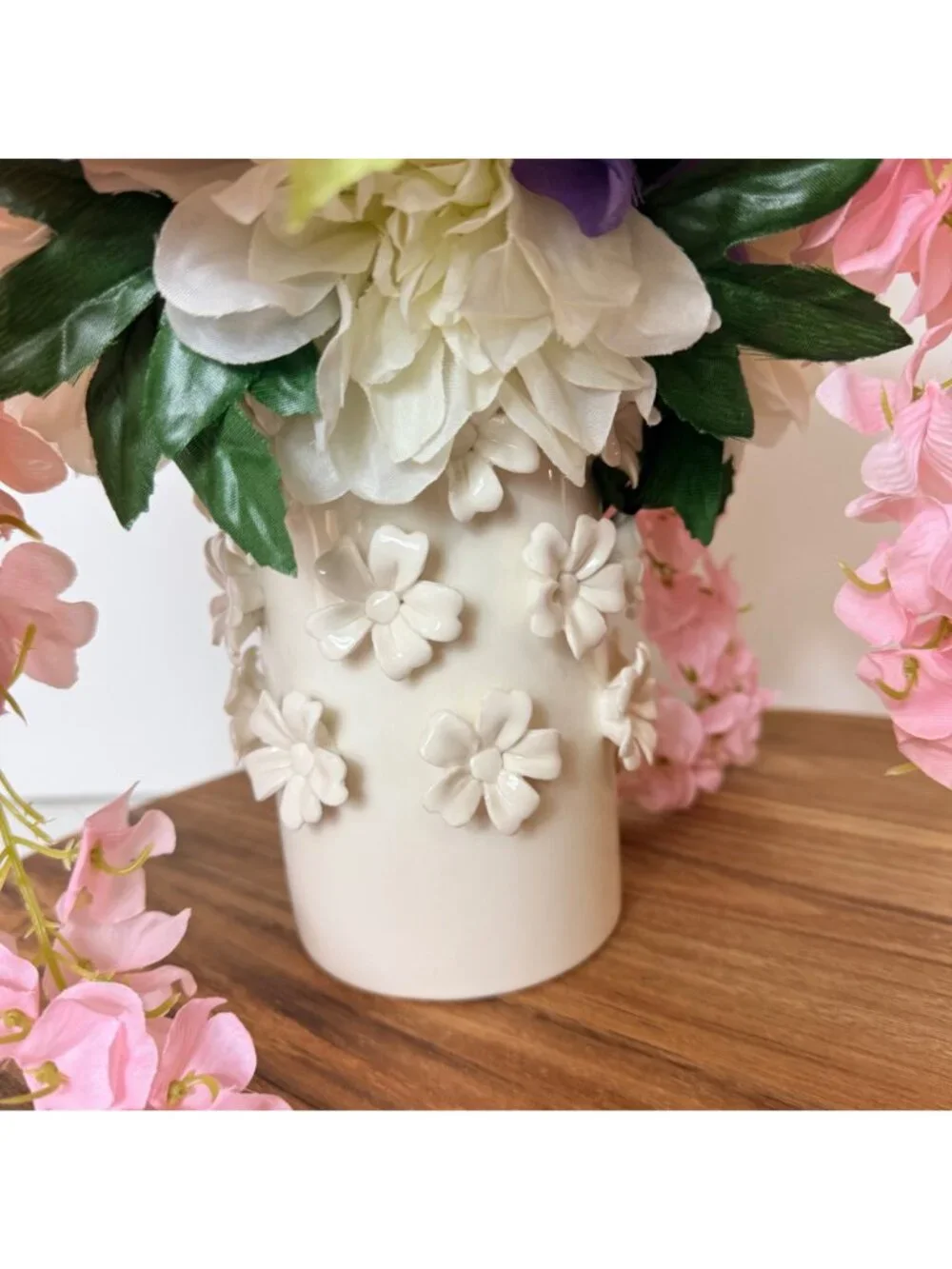Pink Silk Floral Arrangement White Daisy Ceramic Vase Hydrangea Dahlia Decor